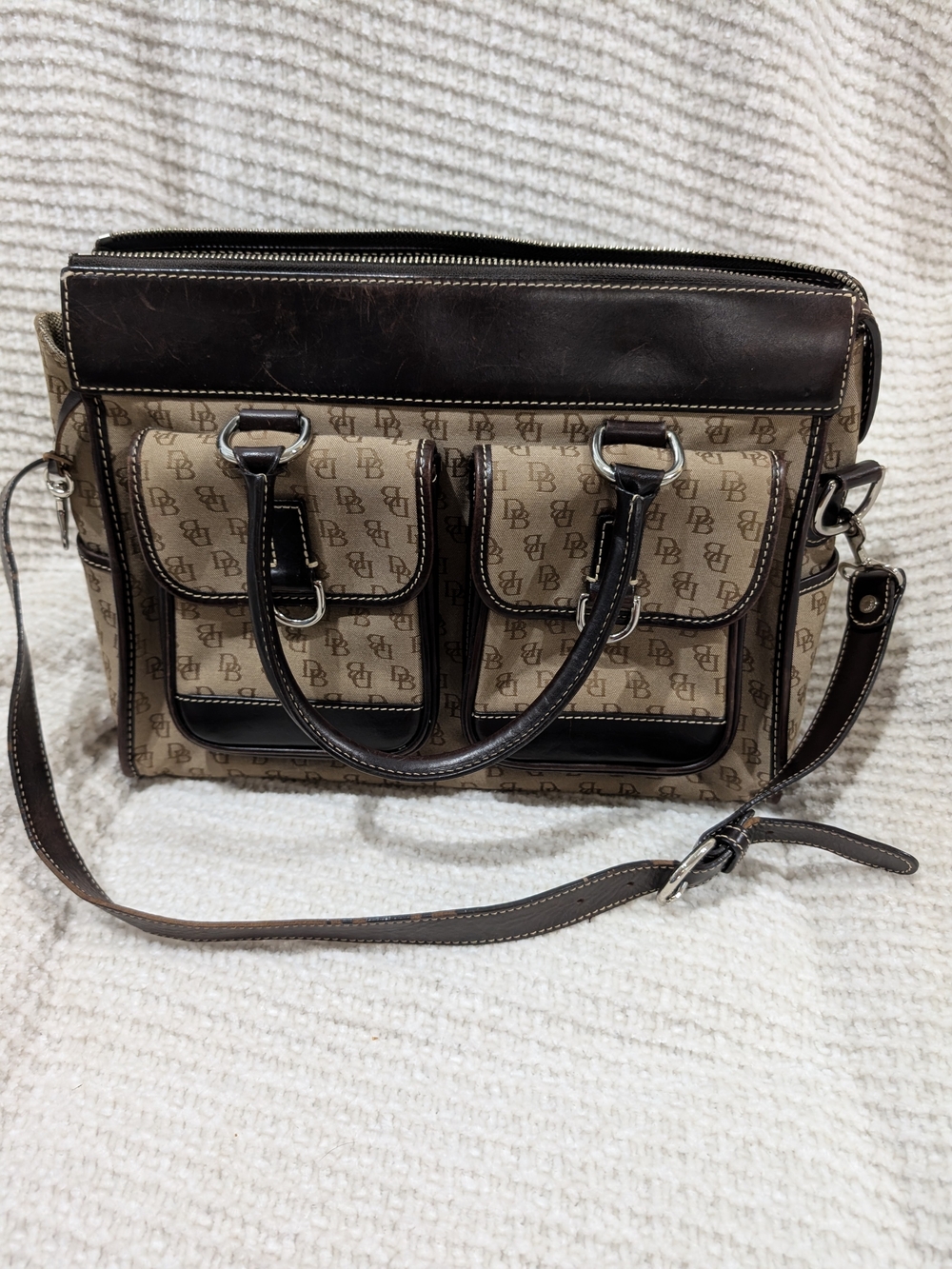 Classic Dooney & Bourke Monogram Shoulder Bag in Beige & Dark Brown